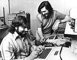 Steve Wozniak and Steve Jobs in Job's garage, ca. 1975